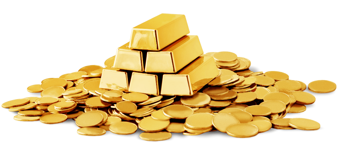 A stack of gold bars on a pile of gold coins